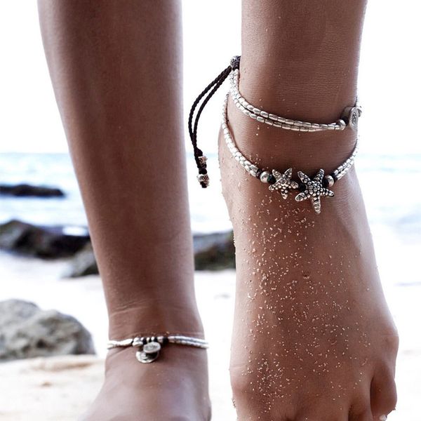 Anklet per tallone fatto a mano Huitan per donne Starfish/Simbolo Charms Vintage Antique Antique Silver Regolable Rope Ankle Bracele Cowelry