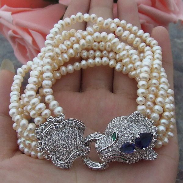 

zircon leopard head clasp 7 strands freshwater white pearl bracelet, Silver