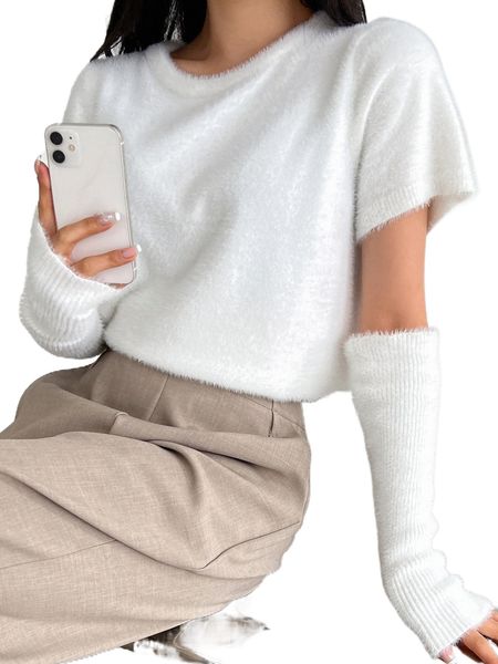 

dazy fluffy knit sweater & arm sleeves q3vz#, White;black