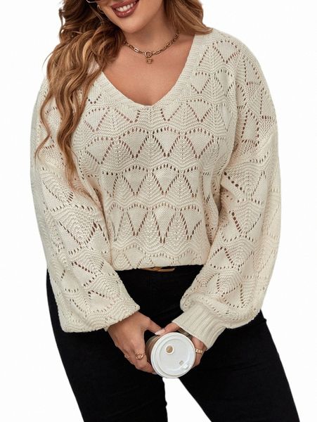 

plus drop shoulder pointelle knit sweater r3fl#, Black