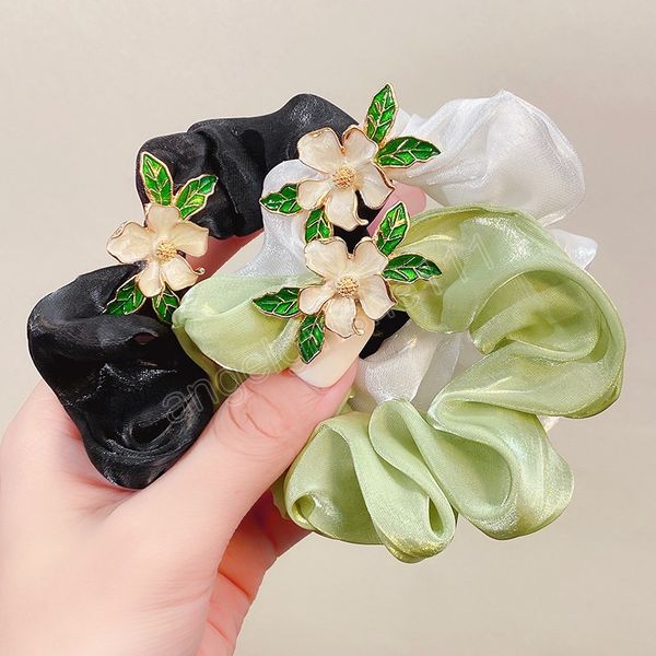 

spring women elegant alloy flower elastic hair bands ponytail holder scrunchie headband rubber band fashion hair accessories, Slivery;white