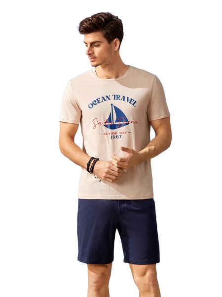 

men sailboat & slogan graphic tee & drawstring waist shorts f3uk#, Gray