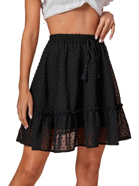 

swiss dot tassel tie waist frill trim chiffon skirt f6q6#, Black
