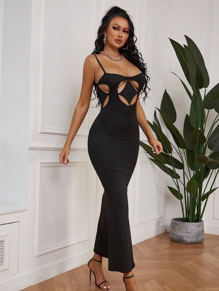 

cut out ruched mermaid hem cami bodycon dress l8kl#, Black;gray