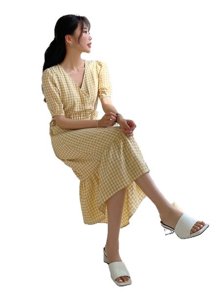 

dazy gingham print puff sleeve drawstring waist ruffle hem dress 69vj#, Black;gray