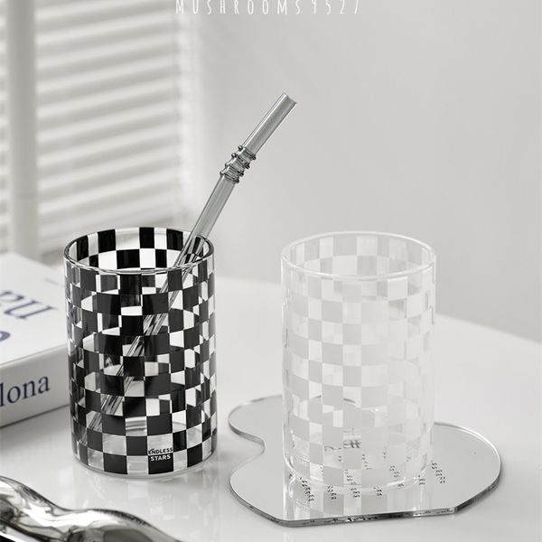 Französische klassische schwarz-weiße Schachbrett-Gitterglas-Wasser-hitzebeständige Retro-Kaffee-Denim-Tasse