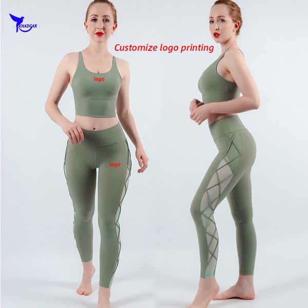 Conjunto de retalhos de malha respirável personalizada Conjunto de ioga Mulheres 2PCS Gym Fitness Sport Suas Bra Leggings Running Workout Sportswear Clothes 220608