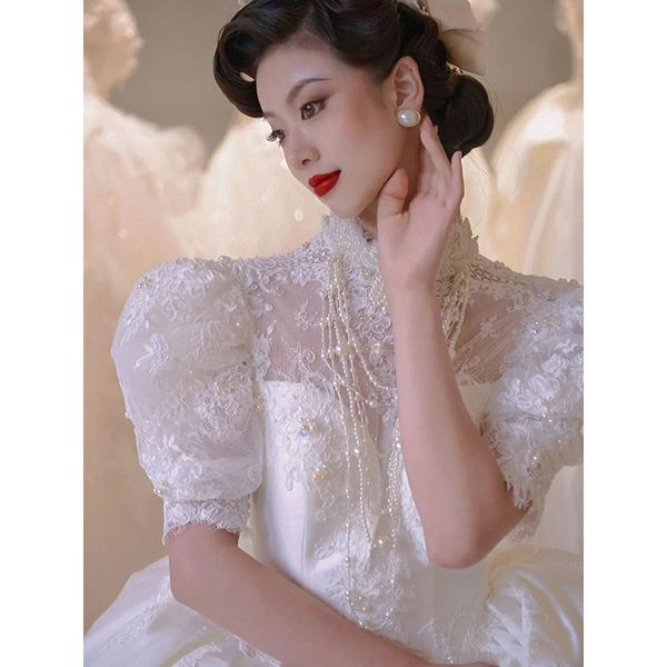 

satin wedding dress bride new primary small court style advanced tail wedding veil 2022, White;black