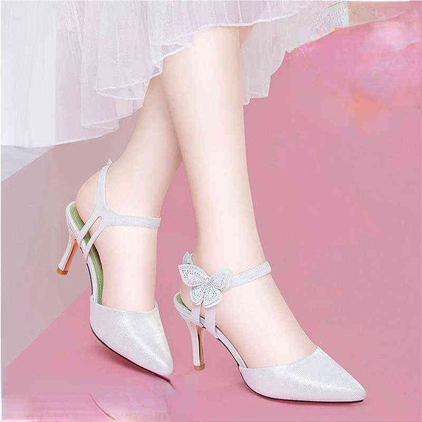 Sapatos estiletos de saltos altos para mulher Bling White Bridal Sapatos Couro Mary Janes High Heel Sexy Sapatos de salto pontiagudos G220527