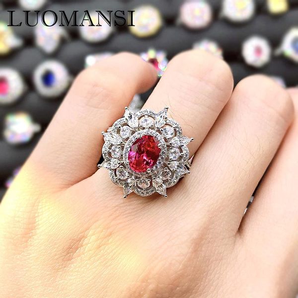 Ringos de cluster Luomansi Solid S925 Sterling Silver Red Corundum Gemstone Red Ring Ring Sparkling Jewelry Party Woman Giftcluster