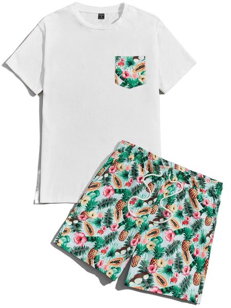 

men tropical print tee & drawstring waist shorts set 41b6#, Gray