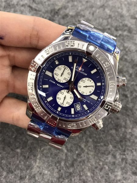 

mens quartz chronograph watch black blue leather yellow, Slivery;brown