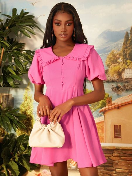 

newness frilled statement collar puff sleeve button front dress h5yn#, Black;gray