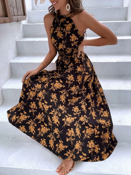 

allover floral print belted a-line dress s9do#, Black;gray