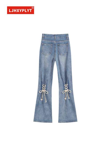 Lace-up Micro-Flare Jeans Feminino Autumn da primavera Nova garota gostosa de cintura alta Tubo reto de calça de jeans de perna larga alta fêmea T220728