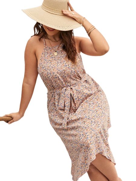

plus ditsy floral print belted cami dress p7fg#, Black