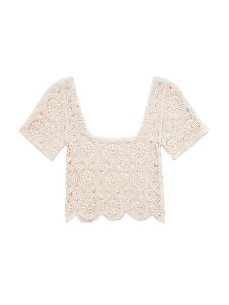 Camicette da donna Camicie Abiti estivi per le donne Top 2022 Bohemian Cotton Openwork Crochet Top Collo quadrato Manica corta Elegante Vintage Cr