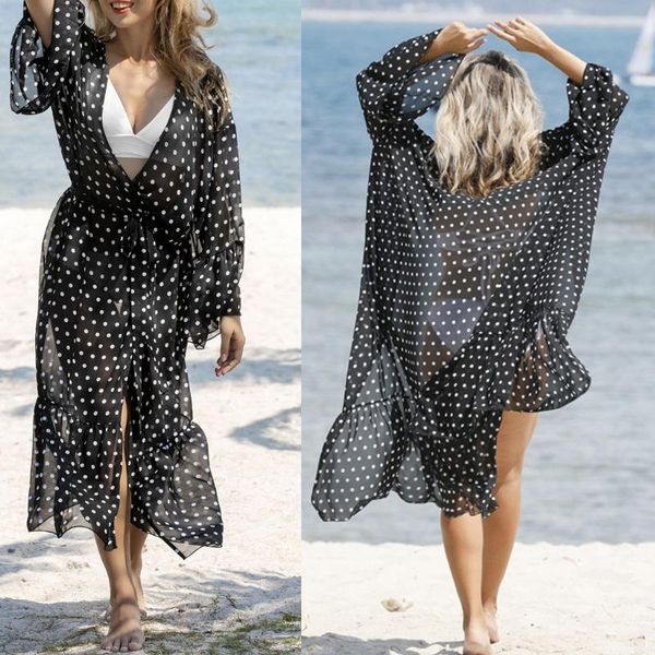 

women's swimwear women black white polka dot maxi beach dress flare sleeve open front chiffon kimono cardigan ruffles swimsuit cover up, White;black