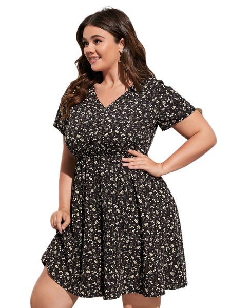 

plus ditsy floral print dress c3cm#, Black