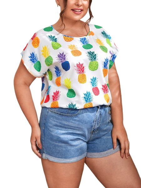 

plus pineapple print batwing sleeve blouse y6es#, Black