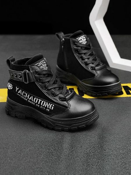 

kids letter graphic lace up front boots she, Black;grey