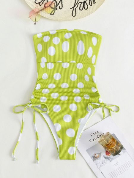 

polka dot drawstring bandeau one piece swimsuit g5dp#, White;black