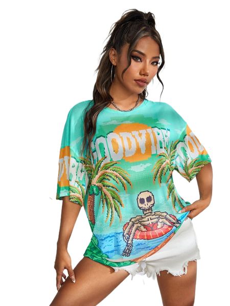 

x chapter eight skeleton & letter graphic drop shoulder mesh tee g68w#, White