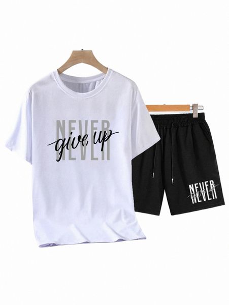 

men slogan graphic tee with drawstring waist shorts p8uq#, Gray