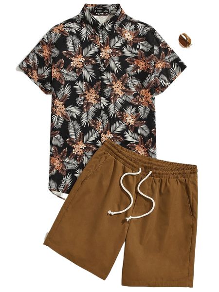 

men tropical print shirt & drawstring waist shorts w7ii#, Gray