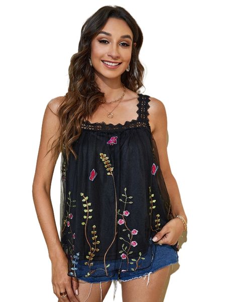

floral embroidered contrast lace tank d9aw#, White