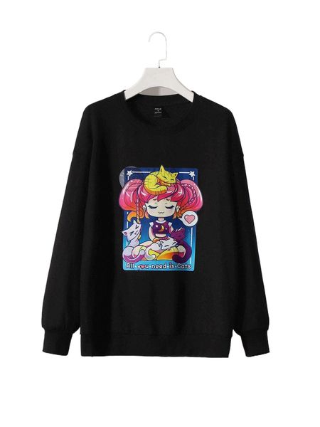 

x mako fufu slogan & cartoon graphic drop shoulder sweatshirt k7ow#, Black