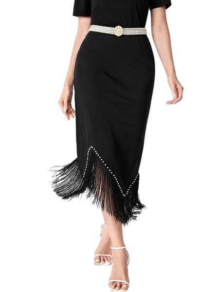 

pearl beaded fringe asymmetrical hem skirt without belt 27vg#, Black