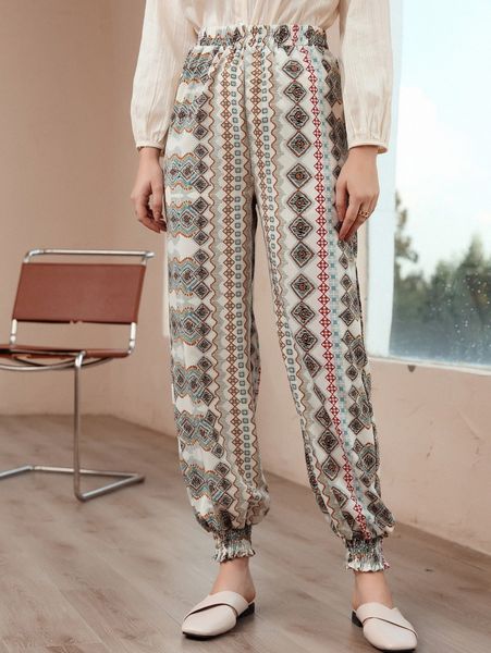 

geo print shirred hem pants k8d2#, Black;white