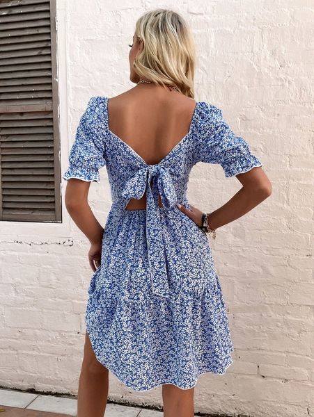 

ditsy floral tie back puff sleeve ruffle hem dress d2kv#, Black;gray