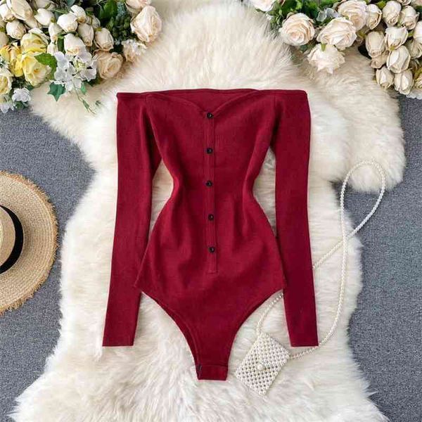 

casual slash neck long sleeve bodysuit autumn single breasted playsuit redgrayblack knitted rompers fashion 210426, White