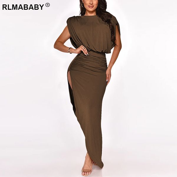 

fashion o neck backless high split asymmetrical hem ruched long bodycon folds dress elegant women party folds maxi dress, Black;gray