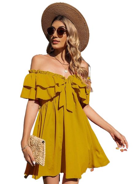 

off shoulder frill knot front tiered layer dress p34t#, Black;gray