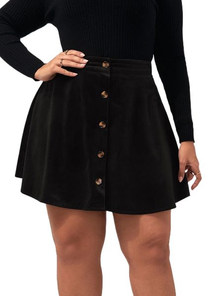 

plus button front velvet skirt d51c#, Black