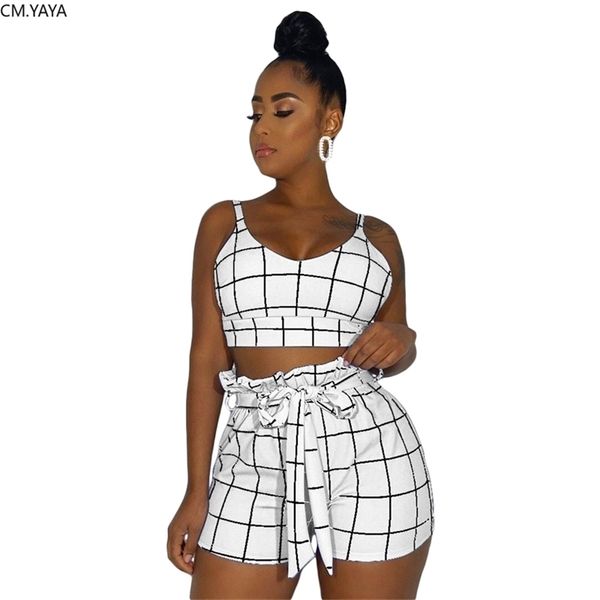 

new women sets summer tracksuits plaid print shorts suit two piece set club party sashes street 2 pcs outfits gl736 t200603, White