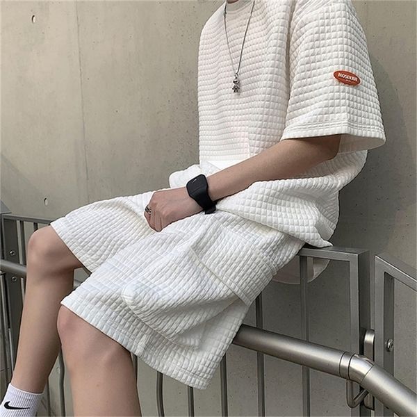 

men summer cargo shorts set two piece loose tracksuit short sleeve tee oversized t shirts men s sets male chic casual clothing 220707, Gray