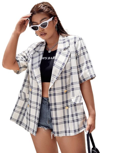 

plus plaid double breasted blazer t7hh#, Black
