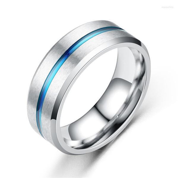 Anéis de casamento Trendy 8mm anel de aço inoxidável para homens groove bandas azuis jóias masculinas dh005 wynn22