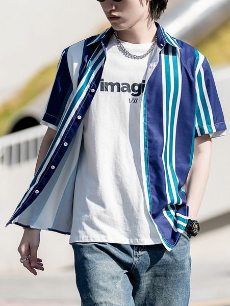 

men striped print button up shirt without tee g2rl#, White;black