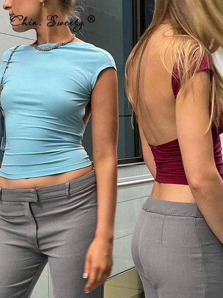 

cut out backless cropped woman solid short sleeve skinny y2k summer multi ways wear basic womens tshirt 220615, White