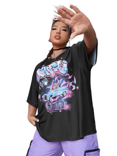 

plus letter & car graphic drop shoulder tee g7rq#, Black