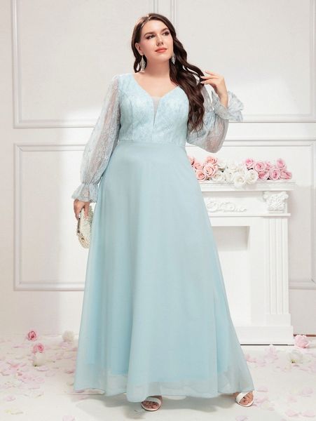 

plus mesh insert contrast lace flounce sleeve chiffon prom dress b23g#, Black