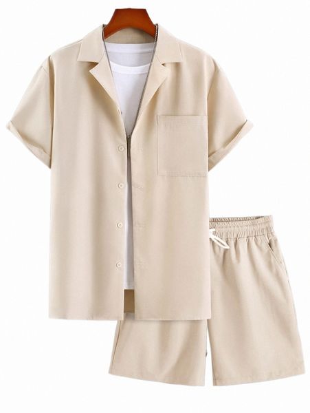 

men solid one pocket front shirt & shorts without tee m9dx#, Gray