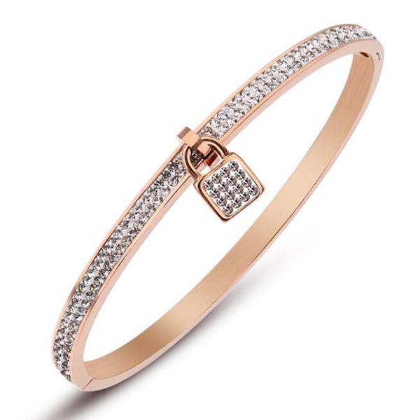 

luxury designer titanium steel bangle jewelry women full diamond pendant lock cuff bracelet rose gold wedding party punk hip hop gift bijoux, Black