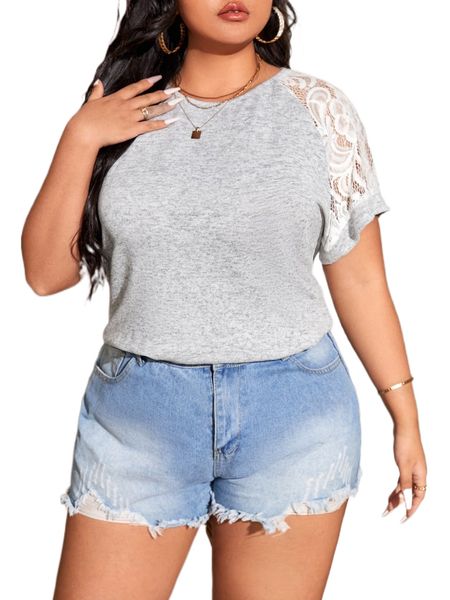 

plus contrast lace t-shirt 30y7#, Black