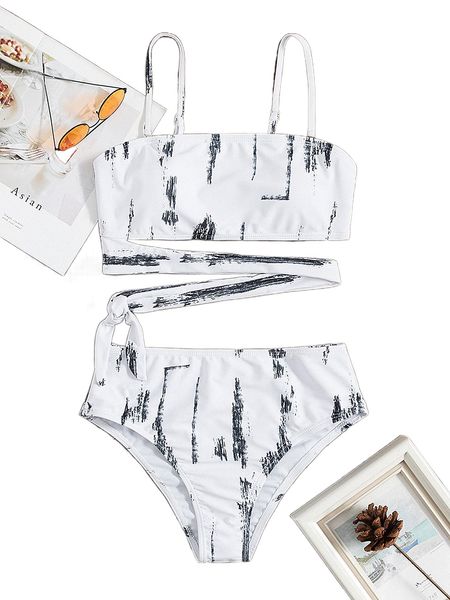 

brush print cut-out high waisted bikini swimsuit g5ob#, White;black